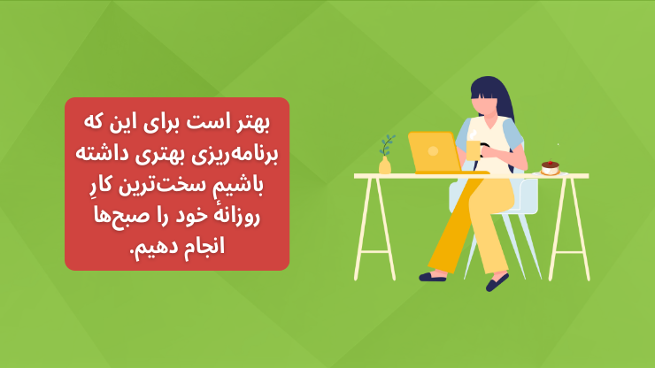 بهتر است برای اینکه برنامهریزی بهتری داشته باشیم، سختترین کار روزانهٔ خود را صبحها انجام دهیم.